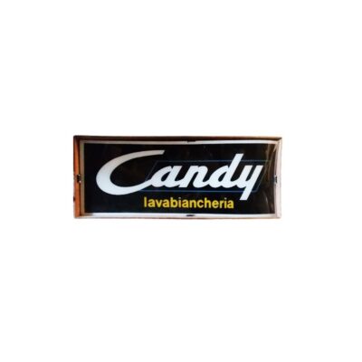 A rectangular advertising hoarding with a dark background, featuring the brand’s classic logo in stylised white lettering alongside the inscription ‘lavabiancheria’ in shades of yellow; available for hire for events, advertising, films and TV series