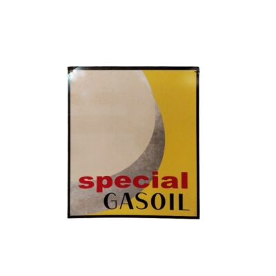 A rectangular, portrait-oriented sign featuring an abstract design in shades of yellow and light colours, with the words ‘special’ in red and ‘GASOIL’ in black lettering at the bottom; available for hire for events, advertising, films and TV series