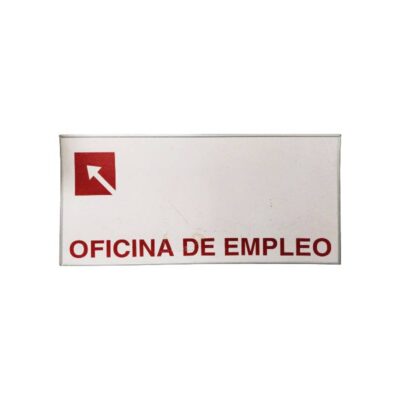 A rectangular sign in landscape format with a light-coloured background, a border around the edge and the inscription ‘EMPLOYMENT OFFICE’ in red lettering, accompanied by a directional arrow icon in the top left-hand corner. Available in two sizes: 75x36, 66x30 – available for hire for events, advertising, films and TV series