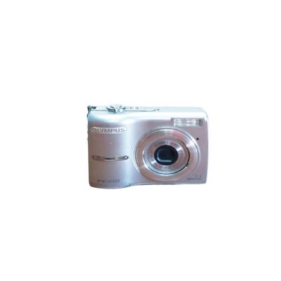 Olympus FE-210 compact digital camera, characterised by its sleek silver body, with a front-mounted zoom lens featuring a metal ring and a built-in flash; available for hire for events, advertising, films and TV series