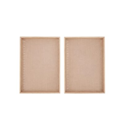 Set of two rectangular display trays, featuring an outer frame made of light-coloured wood and an inner surface lined with textured linen fabric, complete with aligned side perforations; available for hire for events, advertising, films and TV series