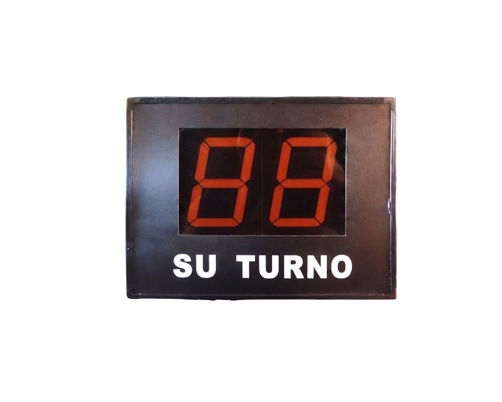 rectangular electronic display unit with a two-digit digital display in reddish tones against a dark background, accompanied by the inscription ‘YOUR TURN’ at the bottom; available for hire for events, advertising, films and TV series