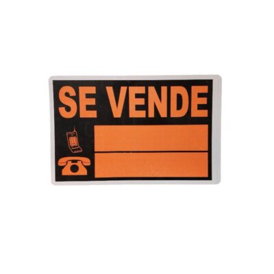 a rectangular advertising sign bearing the words ‘FOR SALE’ in large letters against a black background, accompanied by icons representing landline and mobile phones, and orange rectangular spaces provided for noting contact numbers for event hire, advertising, films and TV series