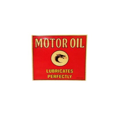 A rectangular sign in landscape format with a bright red background, highlighting the light-coloured lettering ‘MOTOR OIL’ and ‘LUBRICATES PERFECTLY’, accompanied by a central circular emblem featuring the silhouette of a dragon. It features an industrial, automotive and retro aesthetic very typical of vintage signage found in garages and petrol stations; available for hire for events, advertising, films and TV series.