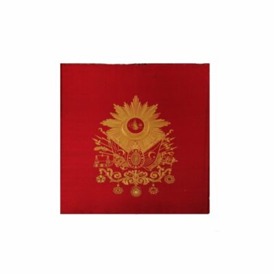 A square fabric banner with a deep red background, featuring a printed design in the centre for event hire, advertising, films and TV series