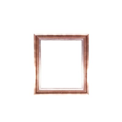 Square-shaped wooden picture frame, characterised by a stepped, contoured moulding with a glossy finish in coppery tones and silver or light-coloured highlights along its inner profile. External dimensions: 99x84. Internal dimensions: 79x63. Available for hire for events, advertising, films and TV series
