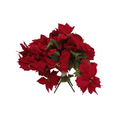 A bouquet of artificial Easter flowers (poinsettias), characterised by its vibrant bright red petals combined with green leaves and small textured centres; available for hire for events, advertising, films and TV series