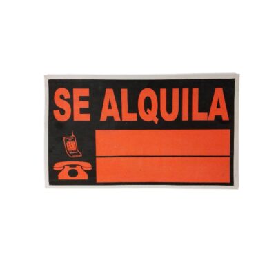 A rectangular advertising sign bearing the words ‘TO LET’ in large letters against a black background, accompanied by icons representing landline and mobile phones, and orange rectangular spaces for writing contact numbers. It is available for hire for events, advertising, films and TV series.