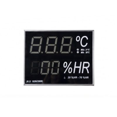 a rectangular electronic display unit with a dark digital screen showing large digits for the temperature in degrees Celsius and relative humidity as a percentage (RH), including the relevant regulatory reference; available for hire for events, advertising, films and TV series