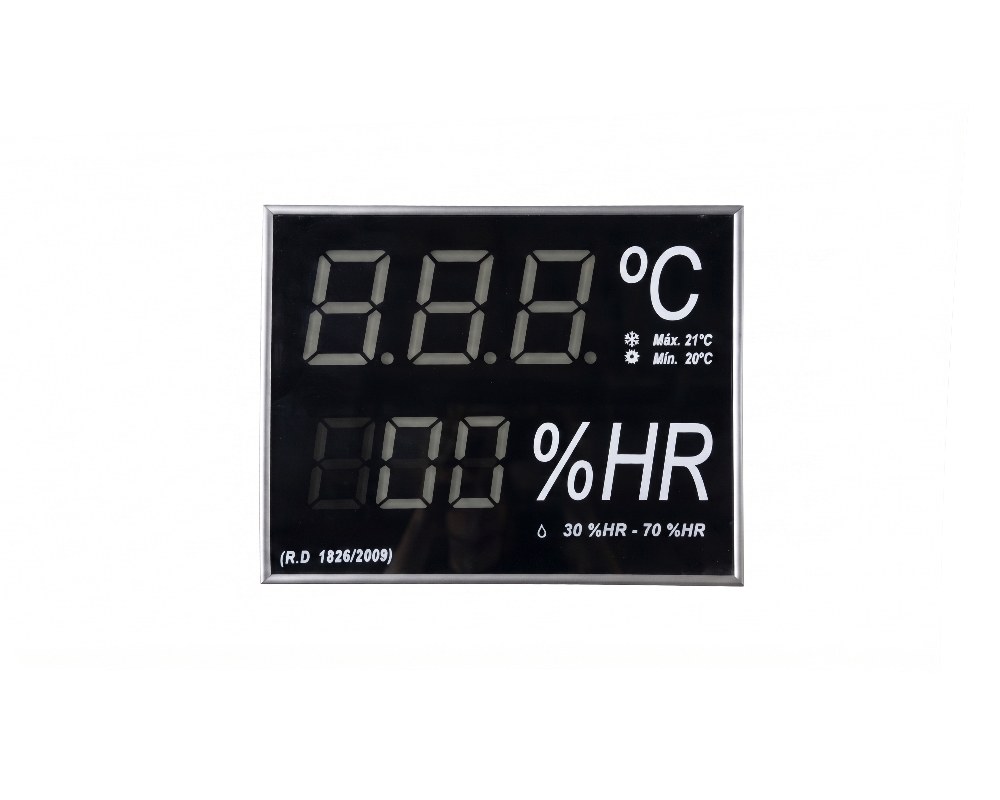 a rectangular electronic display unit with a dark digital screen showing large digits for the temperature in degrees Celsius and relative humidity as a percentage (RH), including the relevant regulatory reference; available for hire for events, advertising, films and TV series