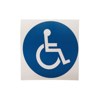 Square information sign, characterised by a clean design featuring a deep blue central circle framing the International Symbol of Accessibility (ISA) in white; available for hire for events, advertising, films and TV series