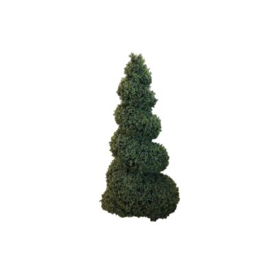 Artificial shrub figure with a sculpted design in the shape of an ascending spiral, characterised by dense foliage of small green leaves that mimic traditional topiary; available for hire for events, advertising, films and TV series