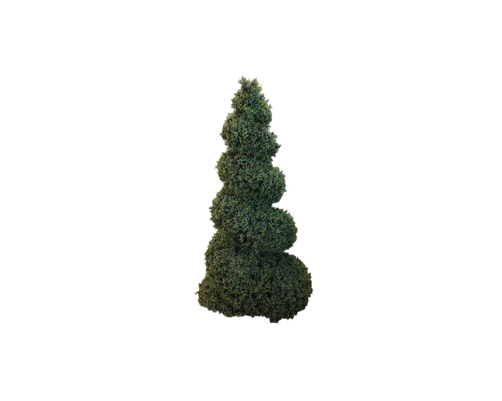 Artificial shrub figure with a sculpted design in the shape of an ascending spiral, characterised by dense foliage of small green leaves that mimic traditional topiary; available for hire for events, advertising, films and TV series