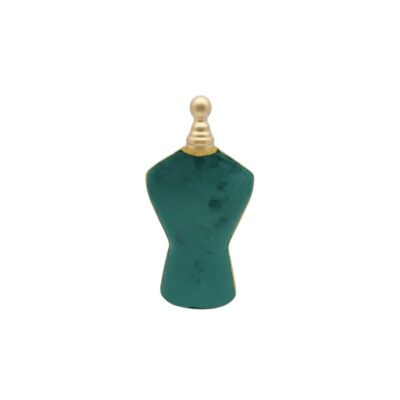Miniature display stand in the shape of a human torso, upholstered in dark green velvet and topped with a neck and a spherical finial with a gold finish; available for hire for events, advertising, films and TV series