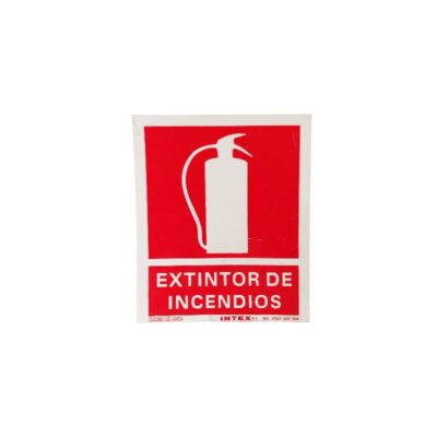 A rectangular, portrait-oriented sign featuring a red panel showing the white outline of a fire extinguisher, accompanied by the inscription ‘FIRE EXTINGUISHER’ at the bottom and the manufacturer’s logo ‘INTEX’, with contact details; available for hire for events, advertising, films and TV series