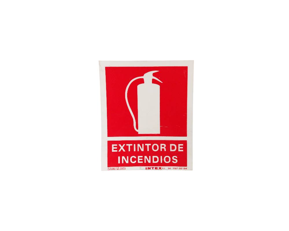 A rectangular, portrait-oriented sign featuring a red panel showing the white outline of a fire extinguisher, accompanied by the inscription ‘FIRE EXTINGUISHER’ at the bottom and the manufacturer’s logo ‘INTEX’, with contact details; available for hire for events, advertising, films and TV series