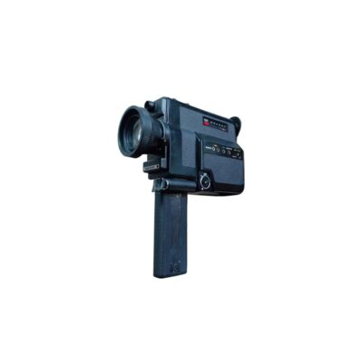 A Canosound Super 8 analogue film camera, characterised by its robust, dark-coloured body, a prominent front lens and a textured, pistol-grip-style vertical handle; available for hire for events, advertising, films and TV series
