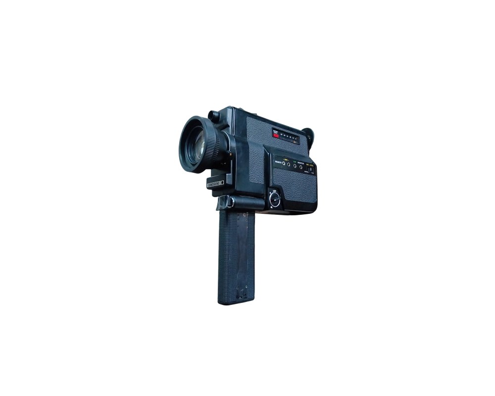 A Canosound Super 8 analogue film camera, characterised by its robust, dark-coloured body, a prominent front lens and a textured, pistol-grip-style vertical handle; available for hire for events, advertising, films and TV series