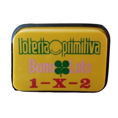 A rectangular sign in landscape format with a yellow background and rounded corners, featuring the classic logos of popular games such as ‘Lotería Primitiva’, ‘BonoLoto’ and the ‘1-X-2’ football pools. It has a commercial, nostalgic and authentic aesthetic very typical of the signage found in old lottery outlets and tobacconists, which gives it great decorative value, as well as making it highly suitable for vintage interior design projects, sign collecting, hire for events, advertising, films and TV series