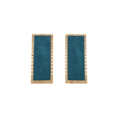 Set of two rectangular display trays, made with an outer wooden frame featuring side slats, complemented by a central surface lined with dark blue velvet; available for hire for events, advertising, films and TV series