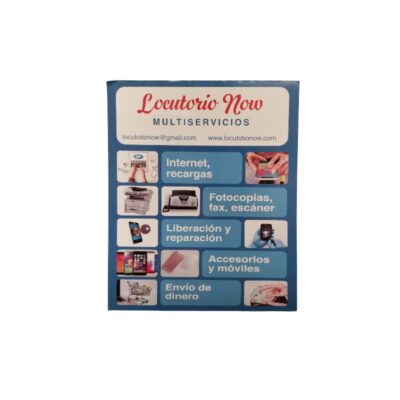 A rectangular commercial advertising poster featuring the ‘Locutorio Now MULTISERVICIOS’ logo at the top; available for hire for events, advertising, films and TV series