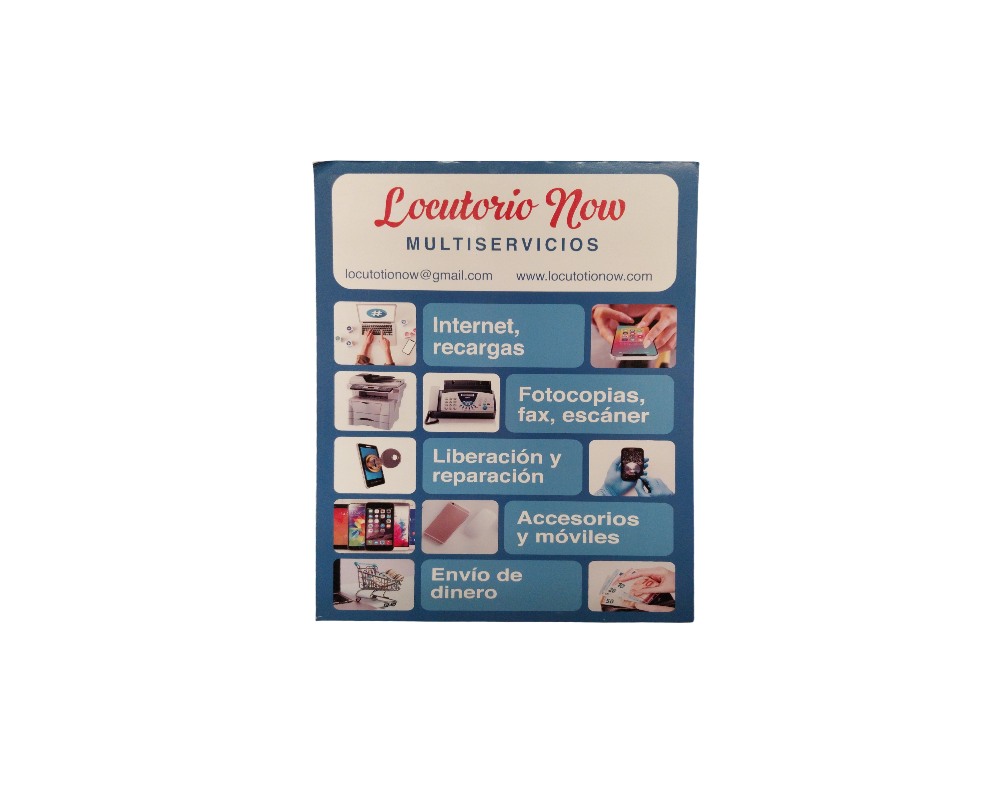 cartel publicitario rectangular de diseño comercial que muestra en su cabecera el logotipo "Locutorio Now MULTISERVICIOS" alquiler para eventos, publicidad, peliculas y series
