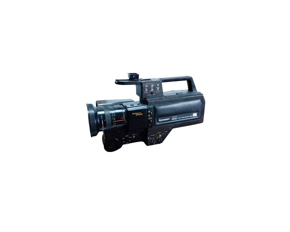 A professional video camera from Panasonic, characterised by its robust, industrially designed body in dark colours, an integrated top handle with controls and a large front lens with autofocus; available for hire for events, advertising, films and TV series