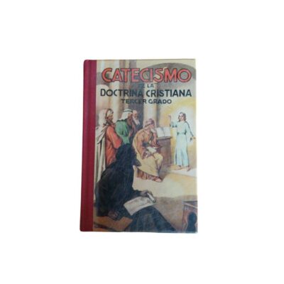 It consists of a classic religious manual in portrait format entitled ‘Catechism of Christian Doctrine – Third Grade’, with a cover illustrated with a figurative scene of a classical and religious nature in warm tones; available for hire for events, advertising, films and TV series
