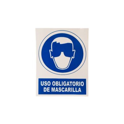 placa rectangular de formato vertical con fondo blanco que muestra un pictograma circular azul con la silueta de una persona usando mascarilla, acompañado de un panel inferior azul con la inscripción en tipografía blanca "USO OBLIGATORIO DE MASCARILLA" alquilar para eventos, publicidad, peliculas y series