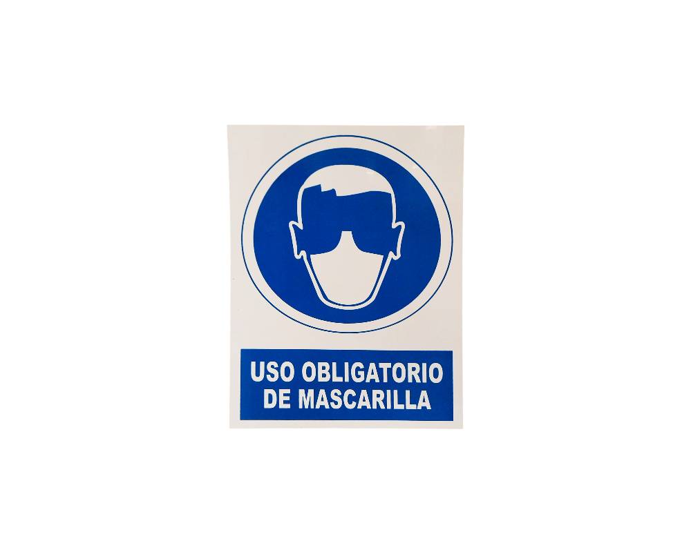 placa rectangular de formato vertical con fondo blanco que muestra un pictograma circular azul con la silueta de una persona usando mascarilla, acompañado de un panel inferior azul con la inscripción en tipografía blanca "USO OBLIGATORIO DE MASCARILLA" alquilar para eventos, publicidad, peliculas y series