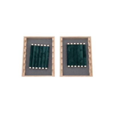 Set of two rectangular display trays, made with an external wooden frame featuring slotted sides, complemented on the inside by a lined surface and several vertical cylindrical supports lined with dark green velvet; available for hire for events, advertising, films and TV series