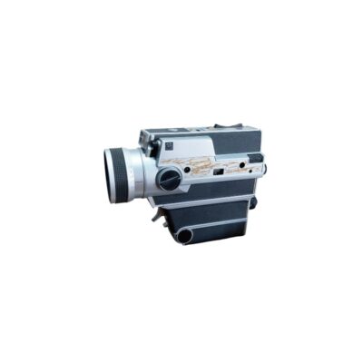 A vintage compact analogue film camera, characterised by its silver-toned body combined with a dark textured finish featuring grooved decorative details, a lower grip and a prominent front lens; available for hire for events, advertising, films and TV series