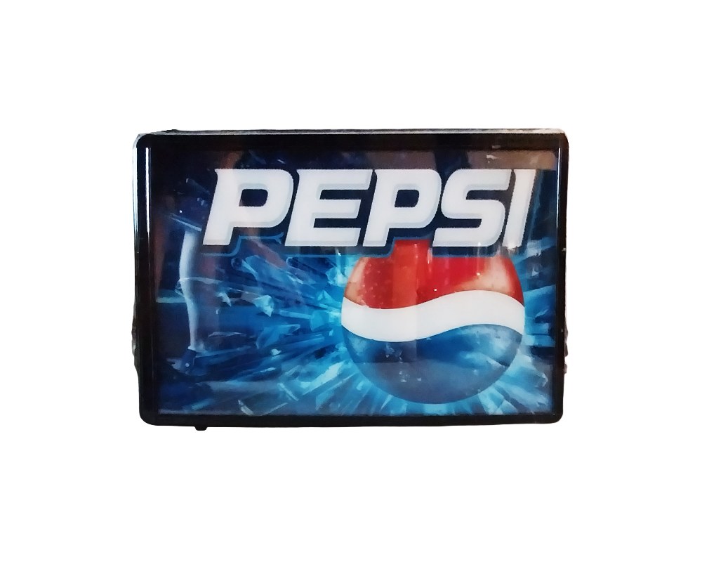 A rectangular advertising lightbox with a dark frame, featuring the iconic ‘PEPSI’ logo in white lettering against a dynamic blue-toned background and the brand’s distinctive tricolour sphere; available for hire for events, advertising, films and TV series