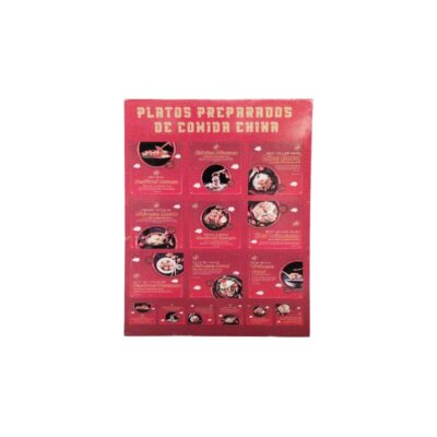 A rectangular wall-mounted menu with a striking red background, featuring the text “READY-MADE CHINESE DISHES” at the top in themed typography; it consists of a grid featuring numerous images and descriptions of Asian dishes and specialities, available for hire for events, advertising, films and TV series