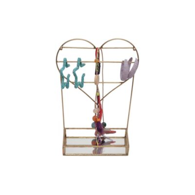 tocador de época contemporánea, caracterizado por su estructura vertical de alambre metálico en acabado dorado con silueta superior de corazón, barras transversales para colgar complementos y una base rectangular equipada con espejo alquiler para eventos, publicidad, peliculas y series