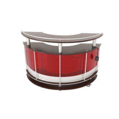 barra de recepción de época con diseño semicircular, caracterizado por sus múltiples niveles de superficie en madera oscura, soportes metálicos tubulares y un llamativo panel frontal translúcido en tono rojo vibrante con base blanca alquiler para eventos, publicidad, peliculas y series