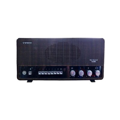 equipo de hilo musical de época de la marca Granados, caracterizado por su carcasa rectangular de acabado texturizado oscuro con una amplia rejilla superior para el altavoz y un completo panel frontal inferior que integra una hilera de selectores de botones y mandos giratorios metálicos contrastados alquiler para eventos, publicidad, peliculas y series